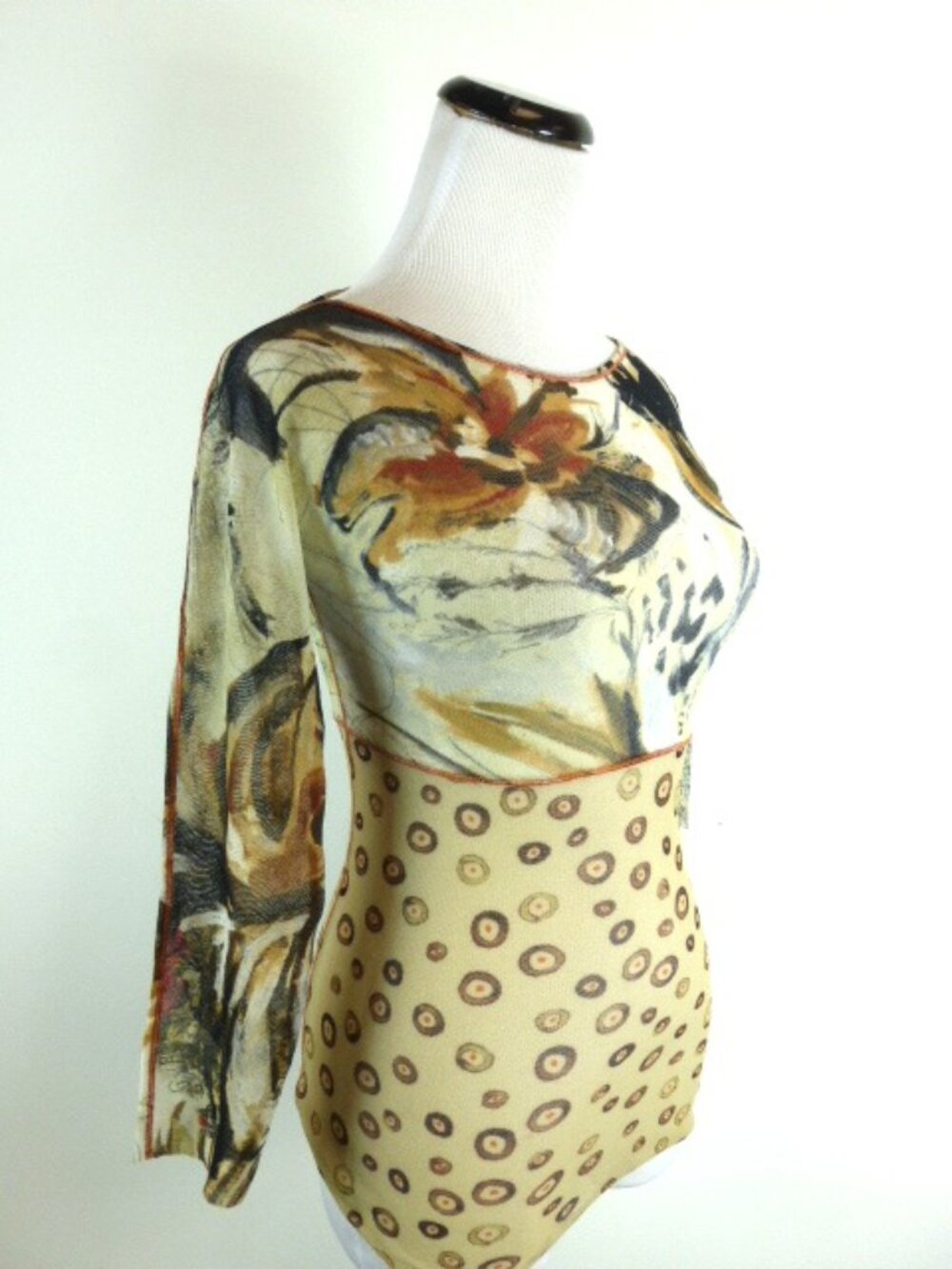 Jean Paul Gaultier Fuzzi beige floral sheer long sleeve mesh top Italy S vintage